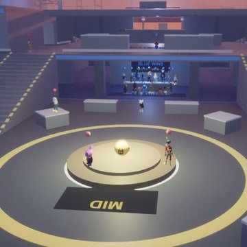 A 3D video game or virtual environment scene featuring a circular arena with "MIO" branding, golden balloon objects, and character avatars in a stadium-like setting.