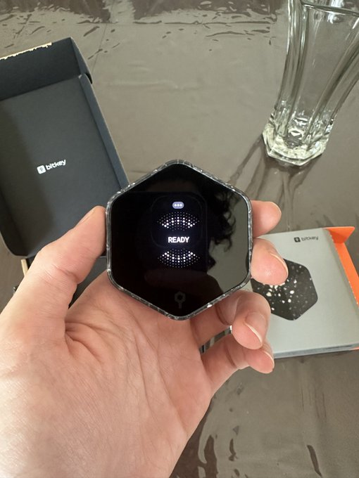 A hand holds a hexagonal black Bitkey hardware device displaying "READY" on its screen, alongside its branded packaging box on a table. The image illustrates the simple setup experience described in the post, showing the device powered on and ready, which prompts the user's question about verifying proper setup before transferring funds.