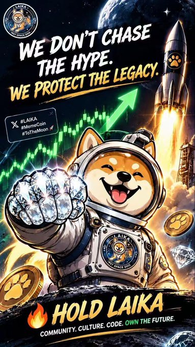 A promotional crypto poster featuring an astronaut Shiba Inu dog mascot with text reading "WE DON'T CHASE THE HYPE. WE PROTECT THE LEGACY," "#LAIKA," "#MemeCoin," "#ToTheMoon," and "HOLD LAIKA - COMMUNITY. CULTURE. CODE. OWN THE FUTURE," set against a rocket launch background.