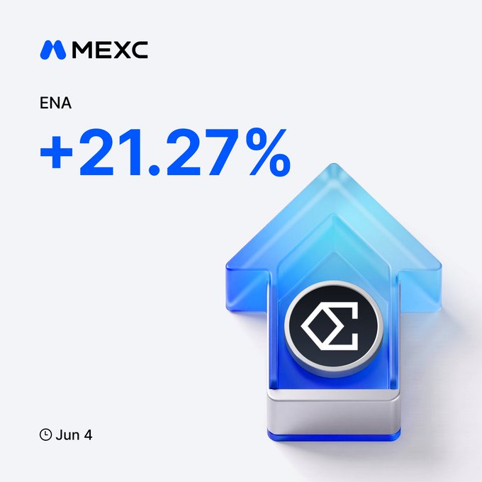 The image features an arrow pointing upwards, with a blue circular logo at its center. The words "ENA" and "21.27%" are written beneath the arrow, indicating that Ena and 21.27% have been experienced growth or improvement in value. This information is displayed on a post about the exchange market, which seems to be about the currency Ena.