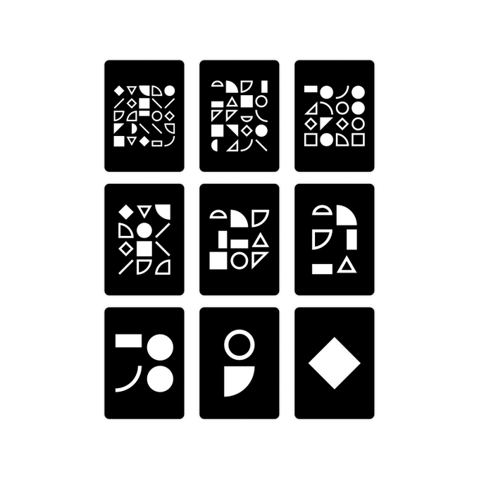 The image shows a 3x3 grid of black cards with white geometric shapes (circles, squares, triangles, and diamonds in various forms and combinations), with the complexity of shapes decreasing from top-left to bottom-right, ending with a single diamond shape in the final card—visually representing the simplification and distillation of form, fitting the "gm ethereum primitive enjoyors" theme.
