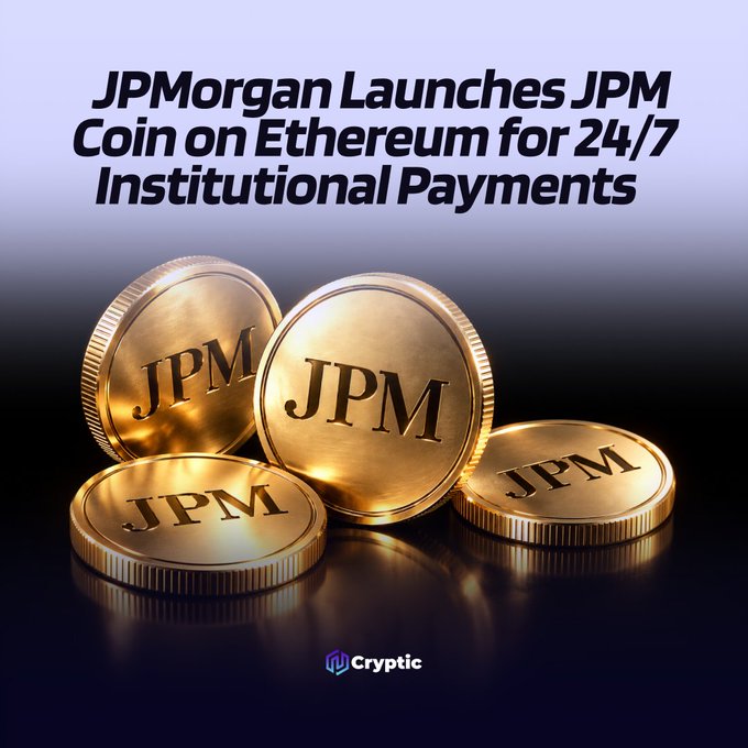 Gold coins emblazoned with "JPM" are displayed alongside the headline "JPMorgan Launches JPM Coin on Ethereum for 24/7 Institutional Payments," visually reinforcing the announcement that JPMorgan is bringing bank deposits onto Ethereum to enable round-the-clock institutional transfers.