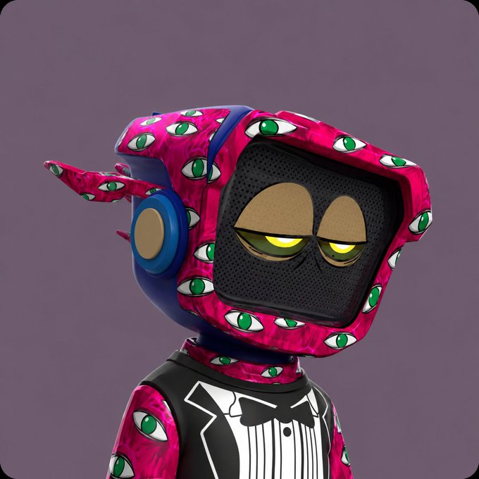 A 3D-rendered robot character with a TV-head face displaying half-lidded yellow eyes, wearing a tuxedo jacket and covered in a vibrant pink skin patterned with green eyes, fitting the surreal "Original Blokyz" NFT artwork referenced in the post.