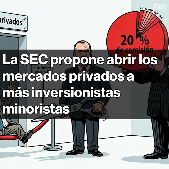 An illustrated news graphic shows a man in a suit holding large scissors, with another figure presenting a pie chart marked '20% de comisión', and overlaid text reading 'La SEC propone abrir los mercados privados a más inversionistas minoristas'.