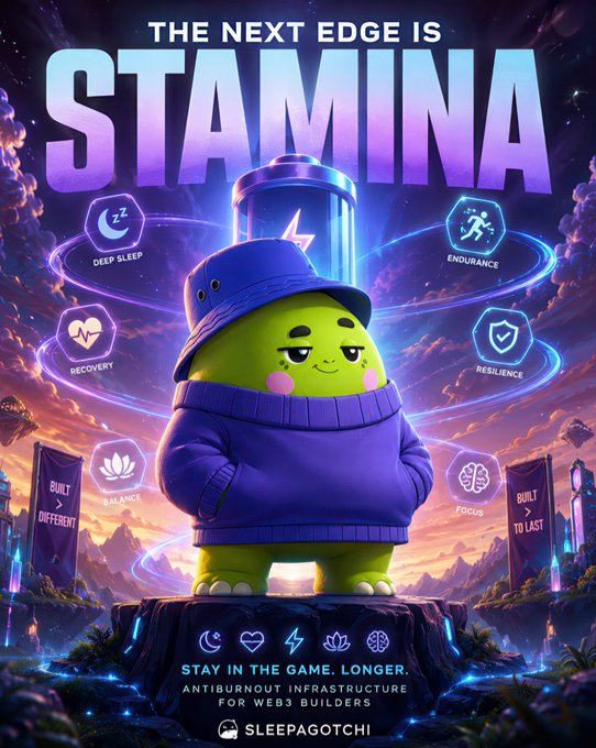 The image features a cartoon green character wearing a blue hat, standing on a platform surrounded by various objects such as a clock, a book, and a cup of coffee. The background depicts a cityscape with buildings and trees, creating an urban setting for the scene. The text in the image reads "The next edge is stamina", which suggests that the cartoon character represents the concept of endurance or stamina.