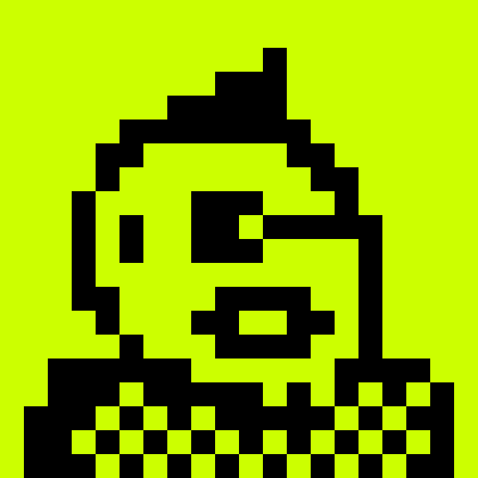 A pixel-art close-up on a yellow-green background shows a stylized black and green face or character with a checkered pattern along the bottom.