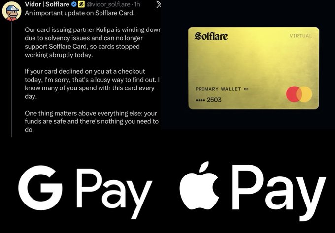 A screenshot of a tweet from Vidor | Solflare (@vidor_software) announcing an important update on Solflare Card due to partner Kulipa winding down, showing the gold virtual Solflare card alongside Google Pay and Apple Pay logos.