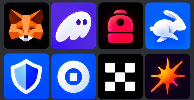 A collection of 8 crypto and wallet-related app icons featuring a fox (MetaMask), ghost, backpack, bunny, shield (Trust Wallet), circular logo, grid pattern, and starburst design, presented to prompt Grok to pick the best crypto wallet from the options shown.