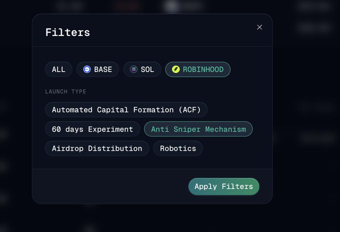 A "Filters" modal displays selectable chips for networks (ALL, BASE, SOL, ROBINHOOD) and launch types (Automated Capital Formation (ACF), 60 days Experiment, Anti Sniper Mechanism, Airdrop Distribution, Robotics), with an "Apply Filters" button—illustrating the kind of filtering options the user is requesting for the token list, though it notably lacks the volume, marketcap, and holder count filters they specifically asked for.