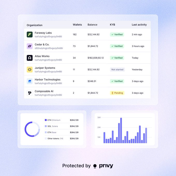 A dashboard interface protected by 'privy,' displaying a list of organizations like Faraway Labs and Cedar & Co. with wallet counts, balances, and verification status, along with charts for Ethereum, Solana, and Base balances.