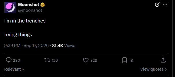 A tweet from Moonshot (@moonshot) posted on September 17, 2026, reads "I'm in the trenches trying things" and has garnered 81.4K views with 828 likes, 280 replies, and 120 reposts, providing context to the user's inquiry about the rapid launch and verification of the $MCAT memecoin.