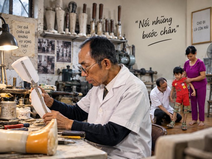 A Vietnamese advertisement showing an elderly craftsman making prosthetic legs, with Vietnamese text including 'Nơi những bước chân' and 'TAY GIẢ CHÂN GIẢ NHƯNG HY VỌNG THẬT' alongside a family receiving a prosthesis.