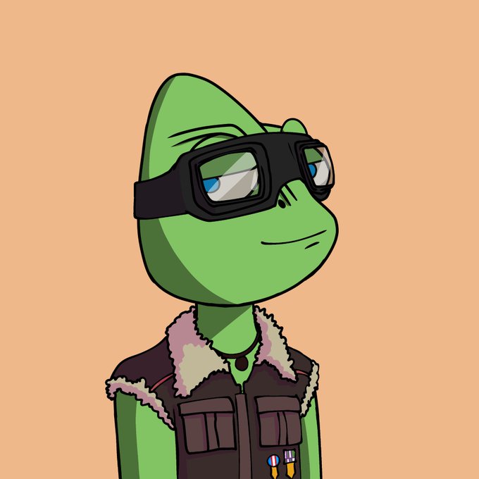 A cartoon illustration of a green alien-like character wearing black goggles, a brown utility vest with medals, and a fluffy collar.