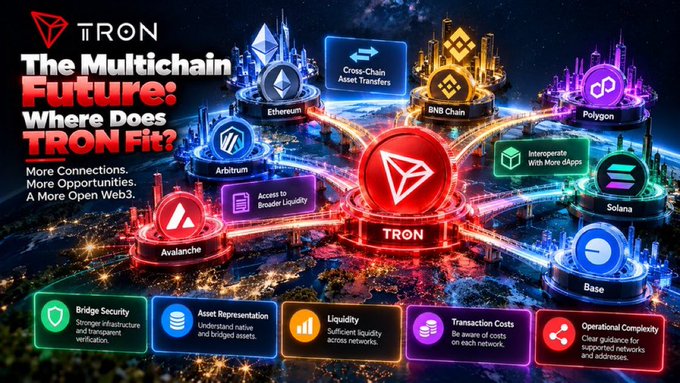 A promotional graphic titled 'TRON: The Multichain Future: Where Does TRON Fit?', showing connections between Ethereum, BNB Chain, Polygon, Solana, Base, Arbitrum, Avalanche, and Tron.