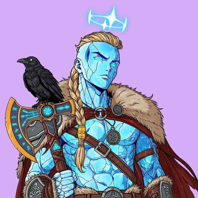 An illustrated fantasy warrior with blue crystalline skin, a blonde braid, fur mantle, and a black crow perched on his shoulder, holding an axe with glowing rune markings.
