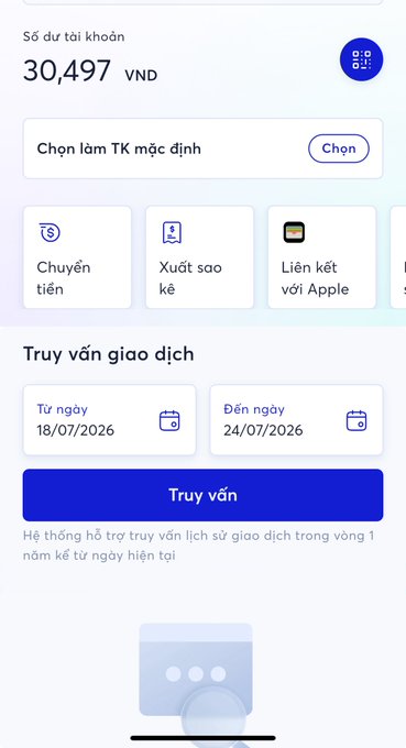 A mobile banking app screen in Vietnamese showing a balance of 30,497 VND, with options to transfer money, export statements, link with Apple, and a transaction query feature.