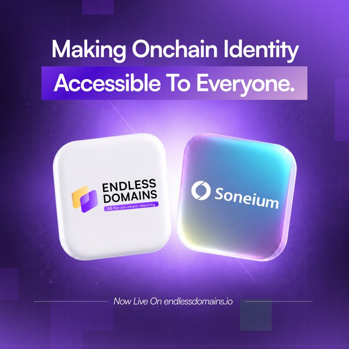 A promotional graphic reading 'Making Onchain Identity Accessible To Everyone' featuring the Endless Domains and Soneium logos.