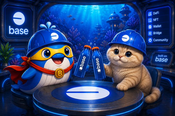 A colorful digital illustration of a penguin and a cat wearing blue 'base' helmets, holding bottles labeled 'base', with an underwater city visible through a window and a menu showing DeFi, NFT, Wallet, Bridge, and Community options.