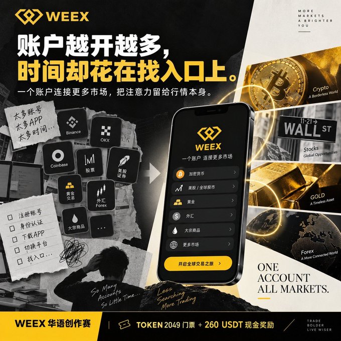 An advertisement for WEEX cryptocurrency exchange in Chinese, featuring a smartphone mockup displaying trading options for crypto, US stocks, gold, forex, and commodities.