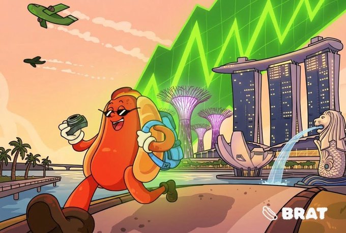 A cartoon illustration of an anthropomorphic hot dog wearing sunglasses and a backpack walking through Singapore with the Merlion and Marina Bay Sands visible, featuring a green rising chart line and the BRAT logo.