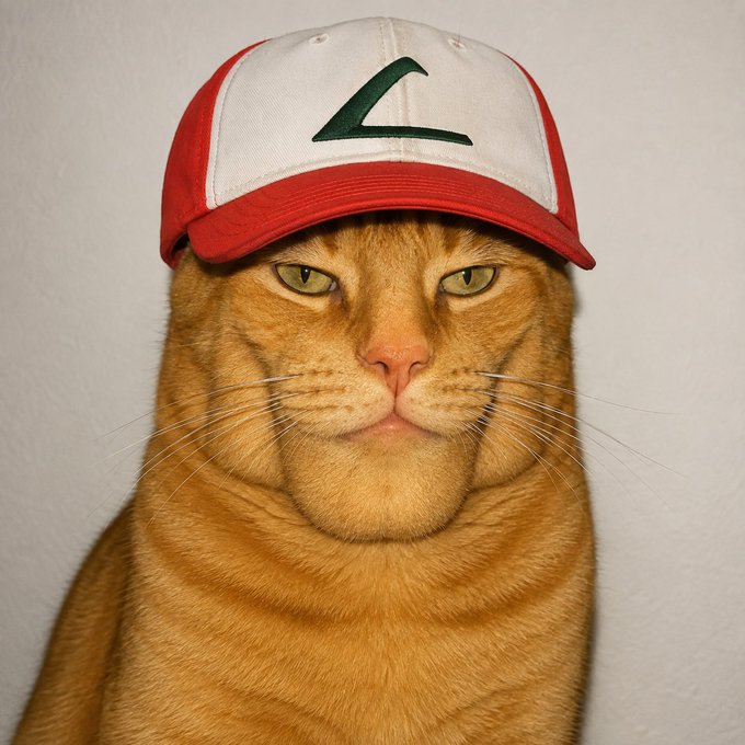 An orange tabby cat stares into the camera with a disinterested expression while wearing a red and white trucker hat featuring a stylized green "A" logo. The "GIGACAT" meme reference fits perfectly, as the cat's hilariously unimpressed deadpan stare makes it an ideal new profile picture.