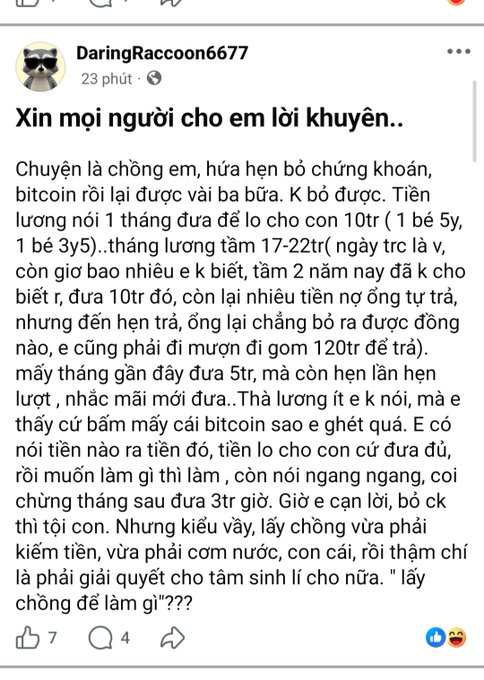 A Vietnamese social media post from user 'DaringRaccoon6677' asking for advice, with text discussing a husband who promised to invest in stocks and bitcoin but has been repeatedly making excuses.