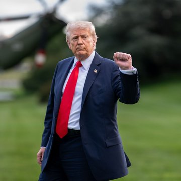 The image depicts Donald Trump, whose name is linked to the "Trump meme coin, WLFI token" mentioned in relation to the unresolved $1.4 billion presidential family conflict of interest prevention provision.