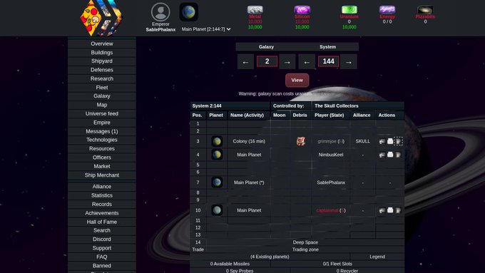 A screenshot from a space-themed browser game showing a galaxy scan for the 'SablePhalanx' empire, listing controlled planets like 'Colony', 'NimbusKeel', and 'Deep Space'.