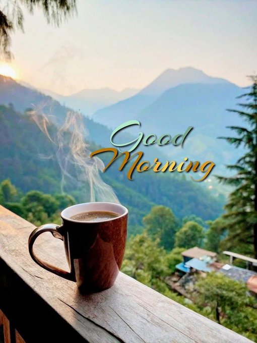 A steaming mug of coffee sits on a wooden railing overlooking misty mountains at sunrise, with the text "Good Morning" overlaid in elegant script—setting a calm, optimistic tone that pairs with the post's encouraging wish for a productive week with green candles and good opportunities.
