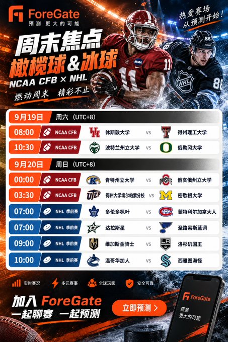 A ForeGate promotional graphic advertising NCAA CFB and NHL weekend sports predictions, listing matchups on September 19-20 including games featuring Houston, Texas Tech, Oregon, Michigan, Notre Dame, and various NHL teams.