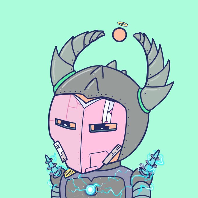 A cartoon illustration depicts a robotic character with a pink, angular faceplate, a grey helmet with large horns, and a glowing blue chest piece. The character has electrical arcs emitting from its shoulders against a solid light green background, with a small orange circle and halo floating above.
