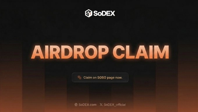 A promotional graphic for SoDEX's "AIRDROP CLAIM" with a button directing users to "Claim on SOSO page now," featuring the SoDEX logo and social handles (@SoDEX.com, @SoDEX_official). The image visually reinforces the post's anticipation of the upcoming Season 1 airdrop distribution, which is expected to release around 70M–80M $SOSO tokens to the community within roughly five days.