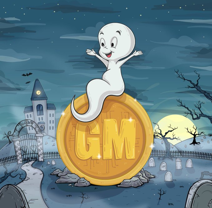 A cheerful cartoon ghost sits atop a glowing gold coin labeled "GM" in a spooky Halloween graveyard scene, visually illustrating the playful "Gm" (good morning) message.