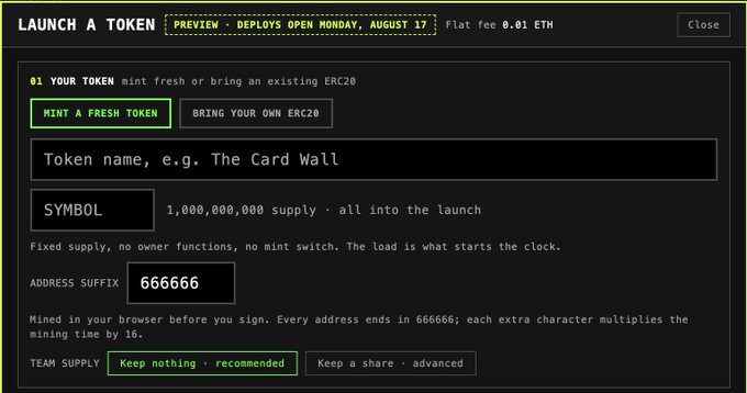 The image shows a "Launch a Token" preview interface with a 0.01 ETH flat fee, deploying on Monday, August 17, featuring options to mint a fresh token or bring an existing ERC20, with fields for token name, symbol, 1,000,000,000 supply, address suffix "666666", and team supply settings. This relates to the post by visually showcasing the innovative token launch mechanism being praised for its unique approach and potential impact on token sentiment.