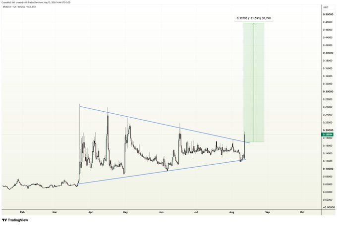 A TradingView chart of CryptoID:BR (Bonsai) / Bitcoin showing a symmetrical triangle pattern with a clear breakout on the daily timeframe, with an annotation projecting a potential move to 30,790 (an 181.19% gain) from the current ~0.18 level.