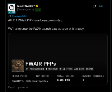 A screenshot of a Twitter post from TokenWorks (@token_works) announcing that all 111 FWAIR PFPs have been pre-minted, with details about FWAIR PFPs collection on OpenSea.