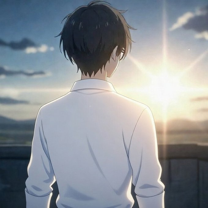 The image features a man wearing a white shirt, standing alone at an outdoor location during sunrise or sunset. The sun's rays are shining down on him from behind, creating a warm glow that highlights his presence against the backdrop of the sky. The scene is devoid of any other people or objects, giving it a serene and peaceful atmosphere. The man appears to be looking off into the distance, possibly lost in thought or simply enjoying the beauty of the moment.