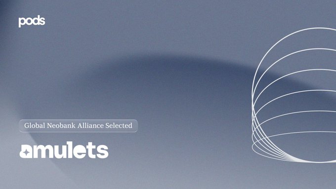 A minimalist digital design with the text 'pods', 'Global Neobank Alliance Selected', 'amulets', and a wireframe sphere graphic on a dark purple background.