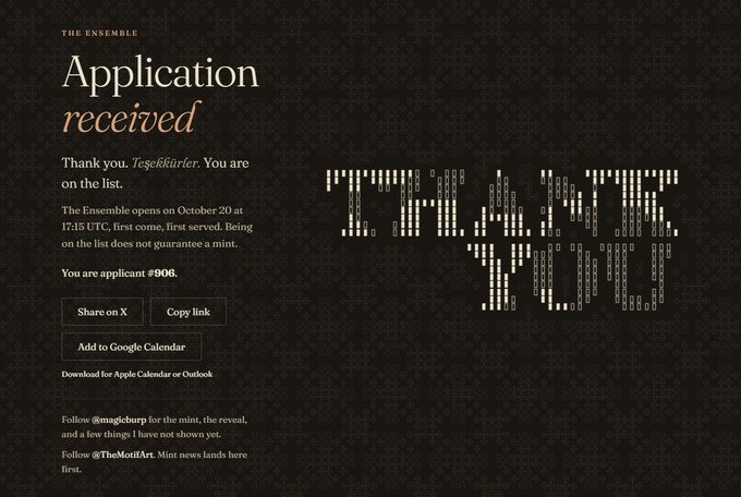 An 'Application received' confirmation page for 'THE ENSEMBLE' thanking 'Jesebkurler' as applicant #906, with options to share on X, copy link, or add to Google Calendar.