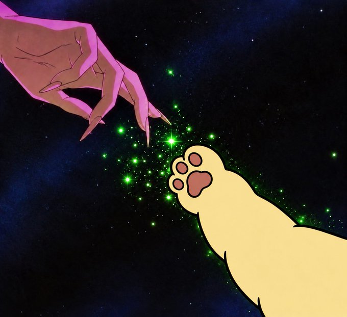 A stylized illustration shows a brown-skinned hand with long, manicured nails reaching down toward a cream-colored cat paw reaching up from below, both almost touching amid a swirl of glowing green stars against a dark cosmic background—evoking the iconic "Creation of Adam" composition, with the green starry spark suggesting the mystical transfer of wealth tied to the caption's declaration about making millions on cat coins.