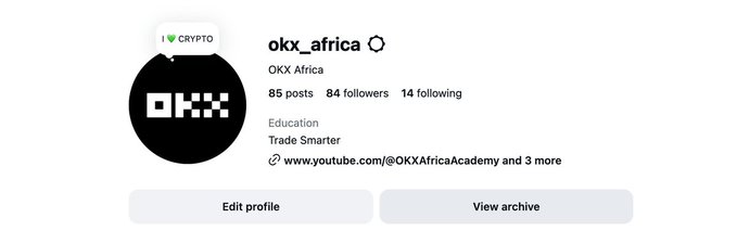 The image shows the Instagram profile page for "okx_africa" (OKX Africa), displaying a verified account with 85 posts, 84 followers, and 14 following, along with a bio mentioning "Education" and "Trade Smarter" plus a link to @OKXAfricaAcademy on YouTube. This profile is being promoted in the accompanying post, which encourages users to follow @okx_africa on Instagram so they don't miss an upcoming announcement.