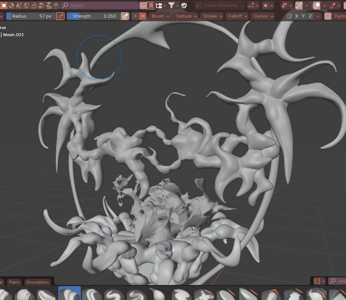 A 3D sculpting software interface showing a complex, untextured gray model with numerous spiky, tentacle-like protrusions being edited with a brush tool.