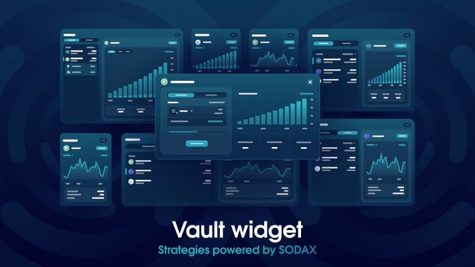 A promotional graphic for a 'Vault widget' showing multiple dark-themed dashboard UI mockups with charts, with text reading 'Strategies powered by SODAX'.