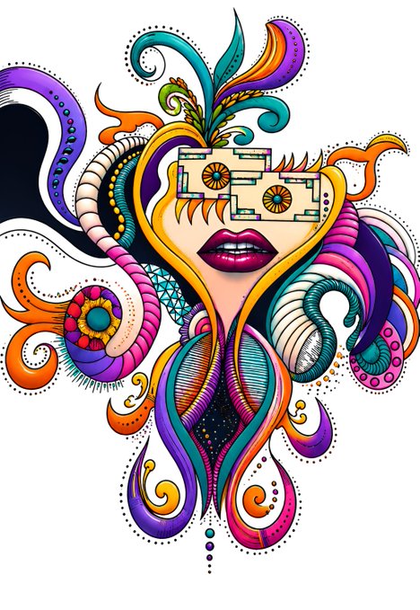 A vibrant, colorful psychedelic illustration of a stylized female figure with ornate golden mask-like glasses, full red lips, and flowing multicolored hair featuring teal, purple, pink, and orange swirling patterns.