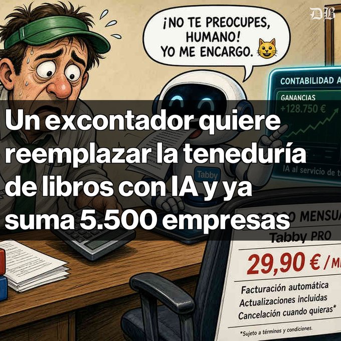 A cartoon illustration showing a stressed accountant and a robot, with Spanish text about an ex-accountant replacing bookkeeping with AI, referencing 'Tabby PRO' at 29.90 €.