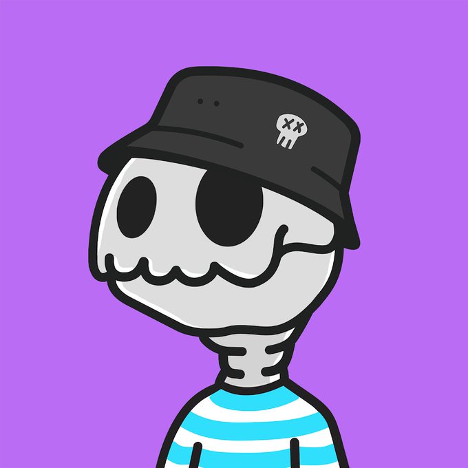 A cartoon skeleton wearing a black bucket hat with a small skull patch and a blue-and-white striped shirt against a purple background. The image represents a profile picture (PFP) style character, aligning with the post's reference to joining the "LongLostNFT" collection and tagging fellow member "peanutt."
