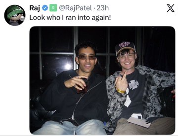 A tweet from Raj (@RajPatel_) posted 23 hours ago reads 'Look who I ran into again!' and shows a photo of two young men posing together, one holding a drink.