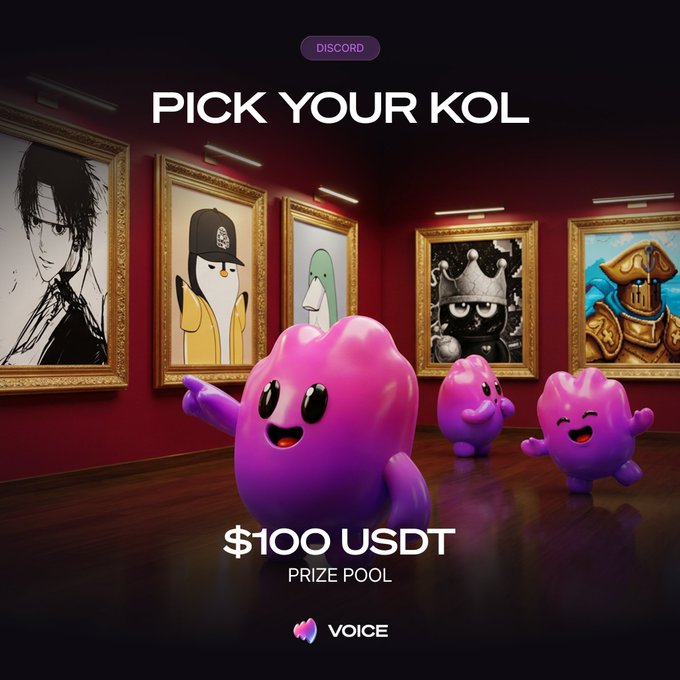 Voise Discord promotional poster titled 'PICK YOUR KOL' showing purple cartoon mascot characters in an art gallery setting with framed portraits, offering a $100 USDT prize pool.