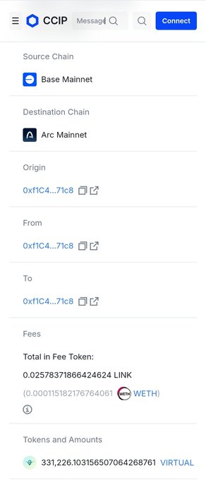 A screenshot of the CCIP app interface showing a cross-chain transaction from Base Mainnet to Arc Mainnet, with a fee of 0.0257 LINK for transferring 331,226,103,156,507,064,268,761 VIRTUAL tokens.