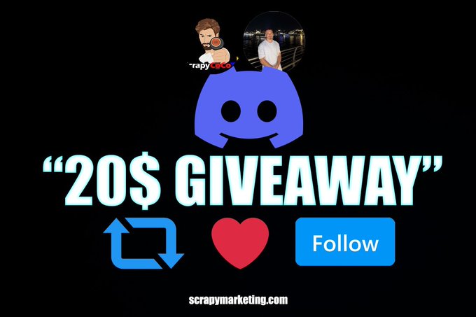 A promotional graphic for a '20$ GIVEAWAY' by scrapymarketing.com featuring a Discord logo with repost, heart, and Follow buttons.